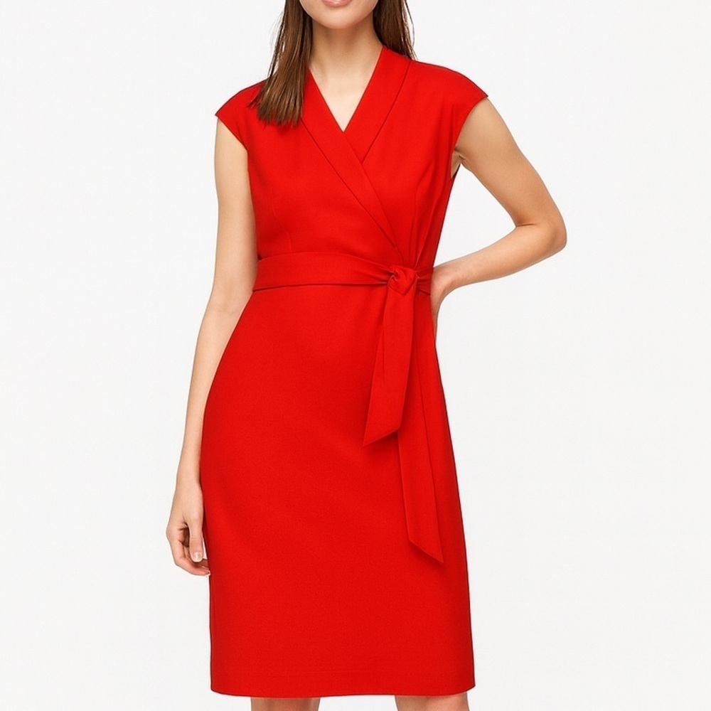 J. Crew Red Belted Faux Wrap Dress Linen Blend 16